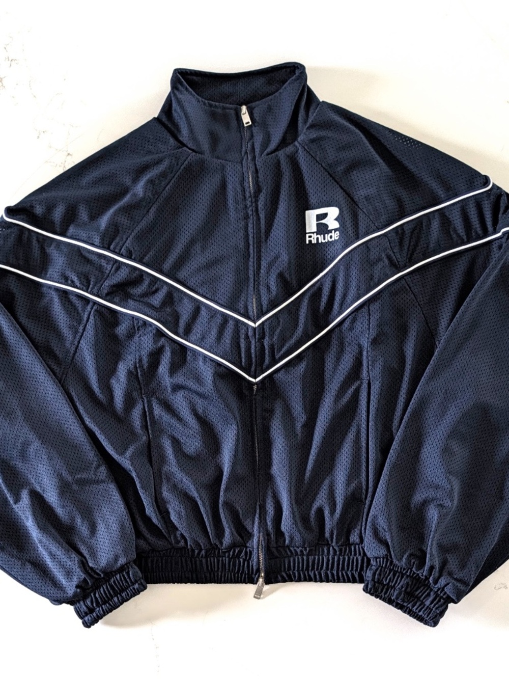Rhude Mesh Piping Raglan Track Jacket S Navy White Chevron Two Way Zip NWT $910